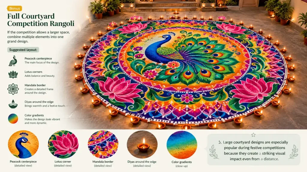 Grand courtyard rangoli with peacock, lotus corners, mandala border, and diyas