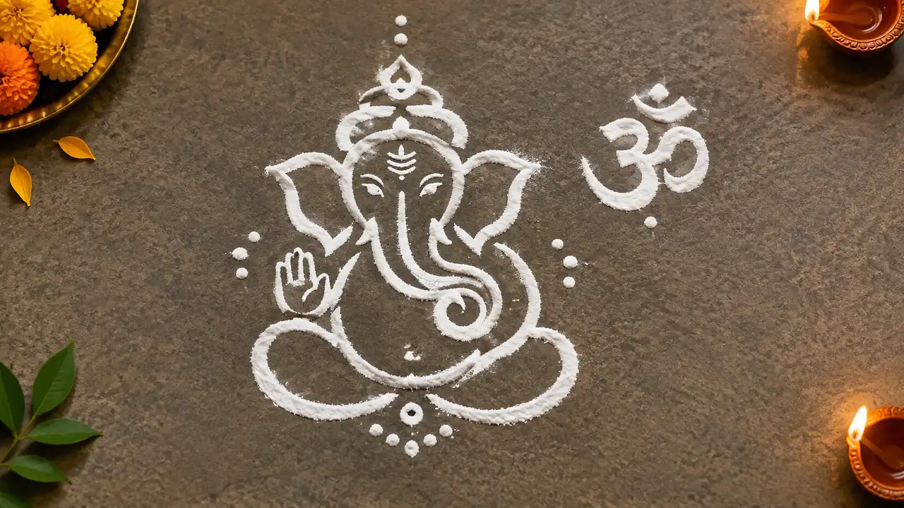 Ganesh rangoli with Om detail