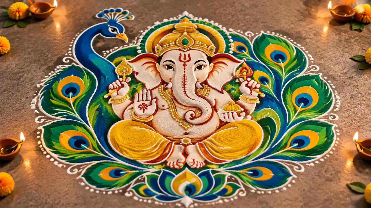 Ganesh rangoli with peacock motif