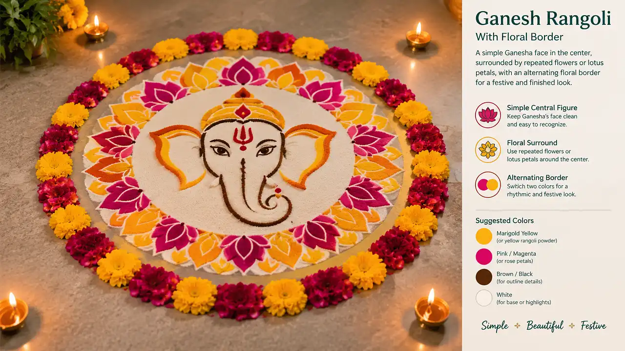 Ganesh rangoli with floral border