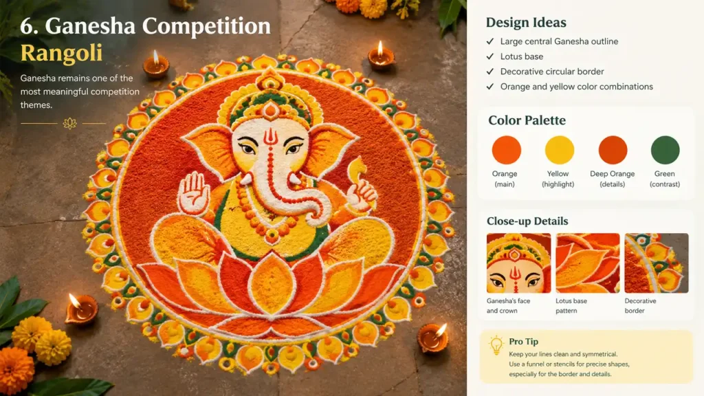 Ganesha competition rangoli with lotus base, circular border, and orange yellow design