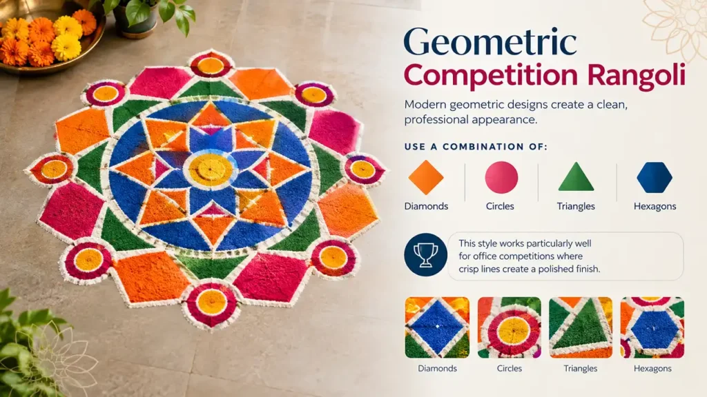 Colorful geometric competition rangoli with diamonds, circles, triangles, and hexagons