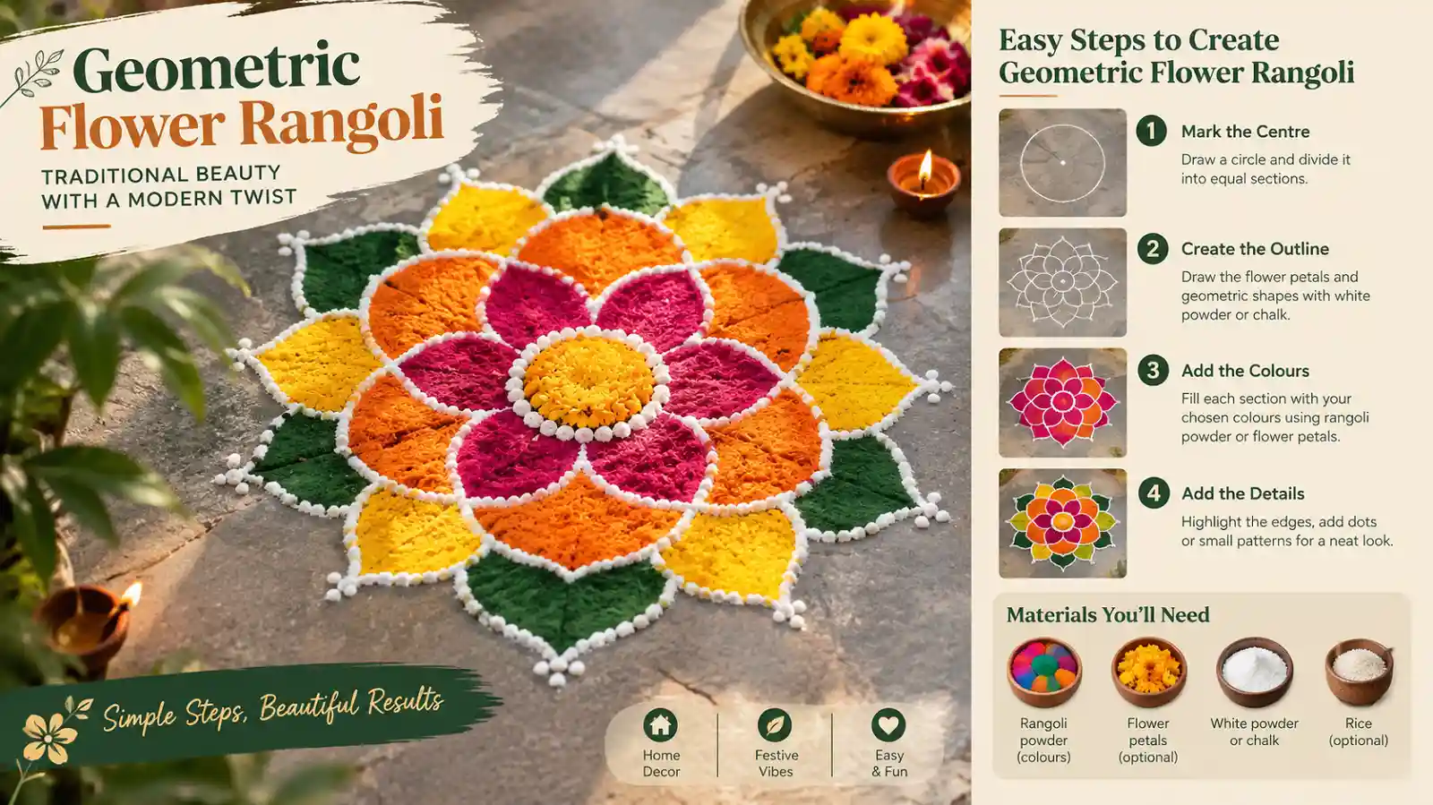 Colorful geometric flower rangoli with simple patterns