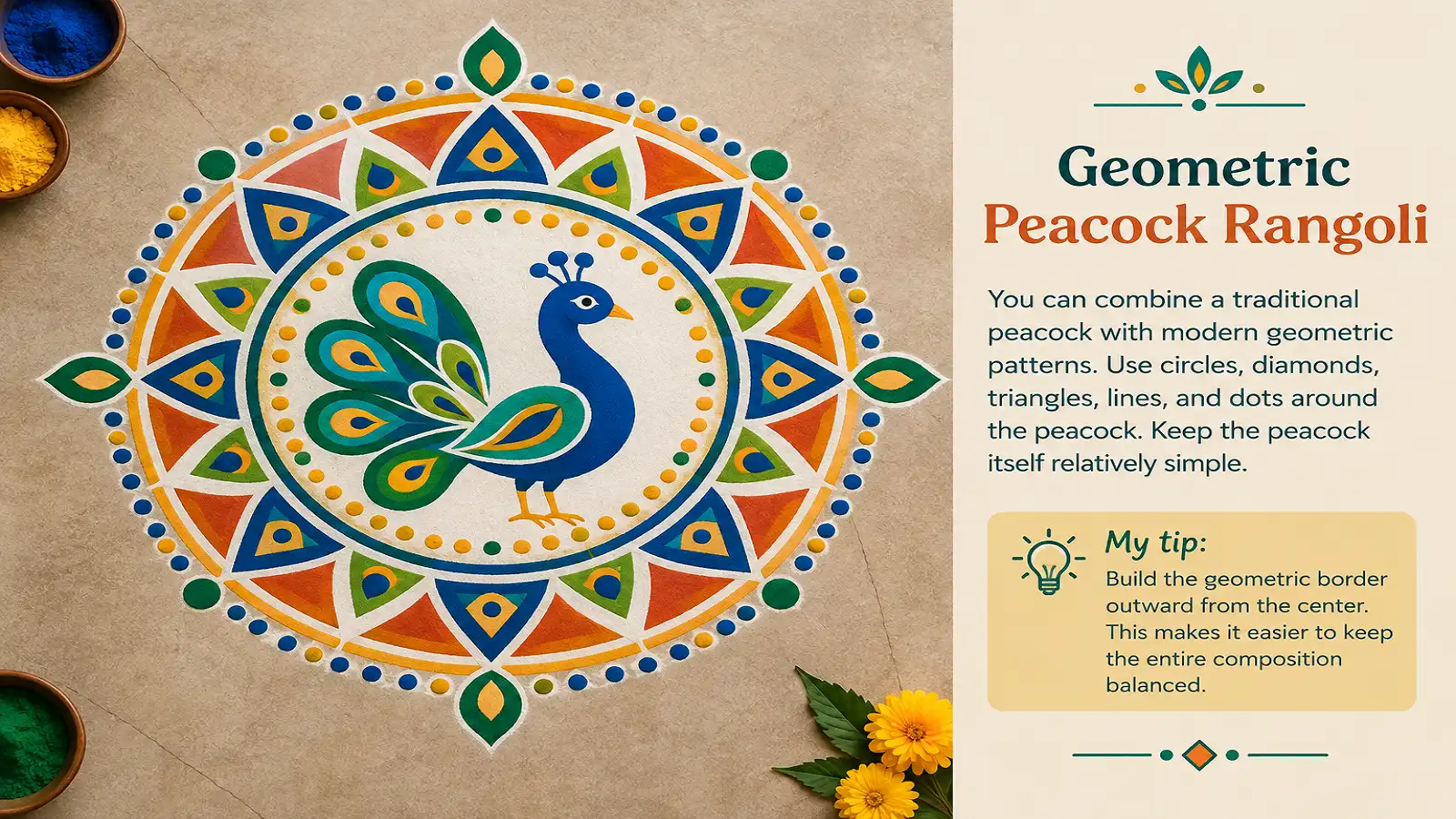 Geometric peacock rangoli with circles, diamonds, triangles, lines, and dots