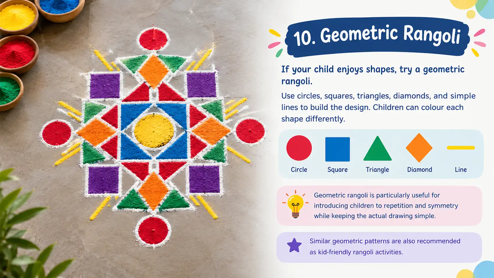 Colorful geometric rangoli with simple shapes