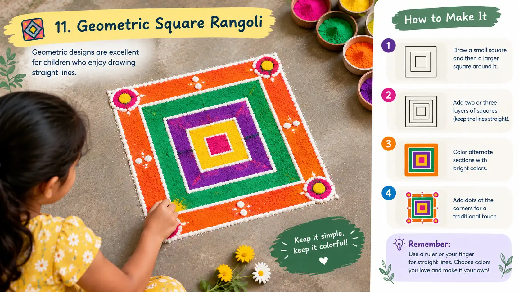 Child making a colorful square rangoli