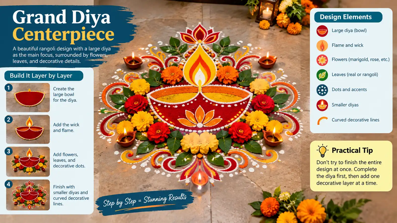 Grand diya rangoli centerpiece with decorative flowers leaves and diyas