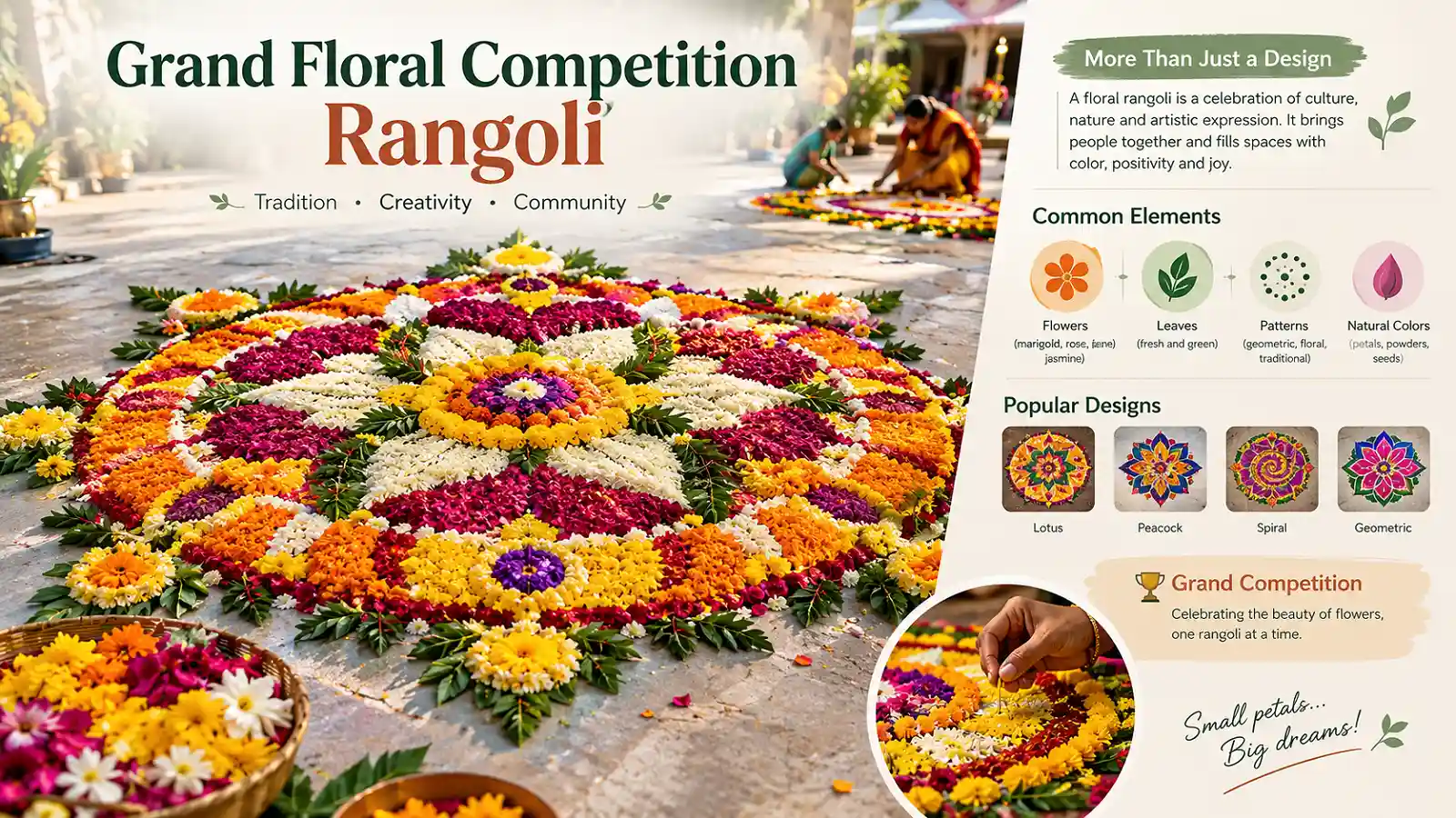 Colorful floral rangoli created for a grand competition