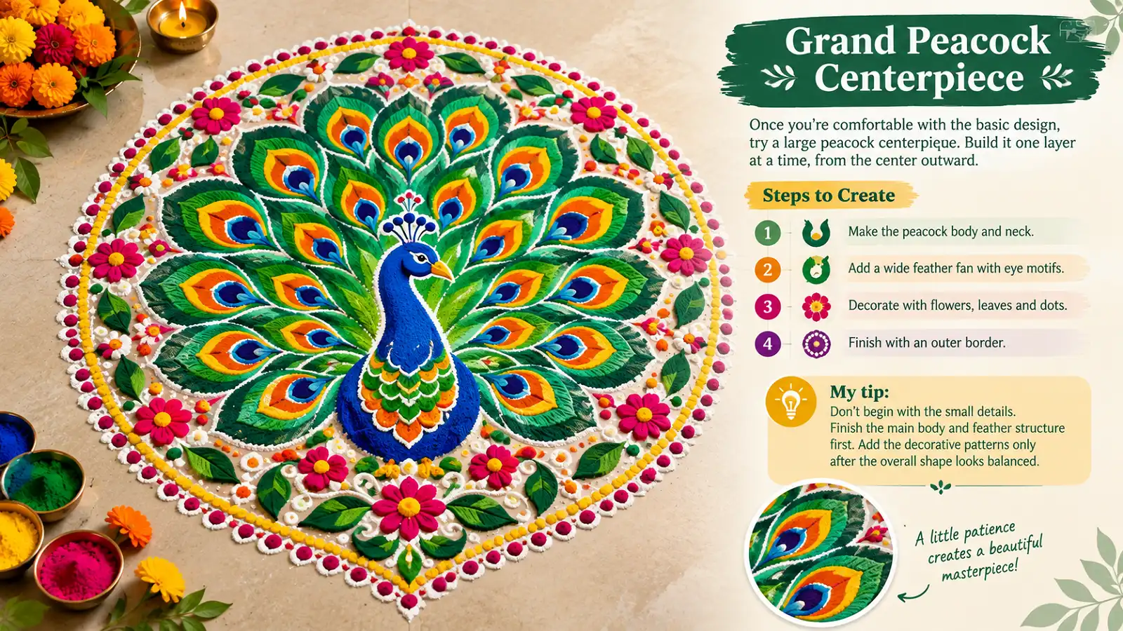 Grand peacock rangoli centerpiece with colorful feathers, flowers, and leaves