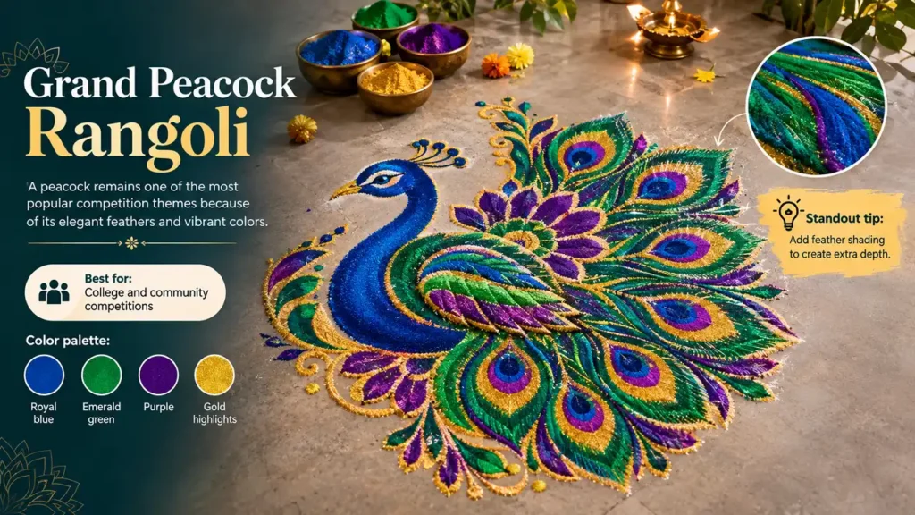 Grand peacock rangoli in royal blue, emerald green, purple, and gold