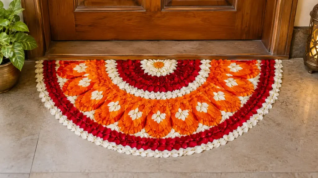 Half-circle doorstep rangoli with orange red and white floral petals
