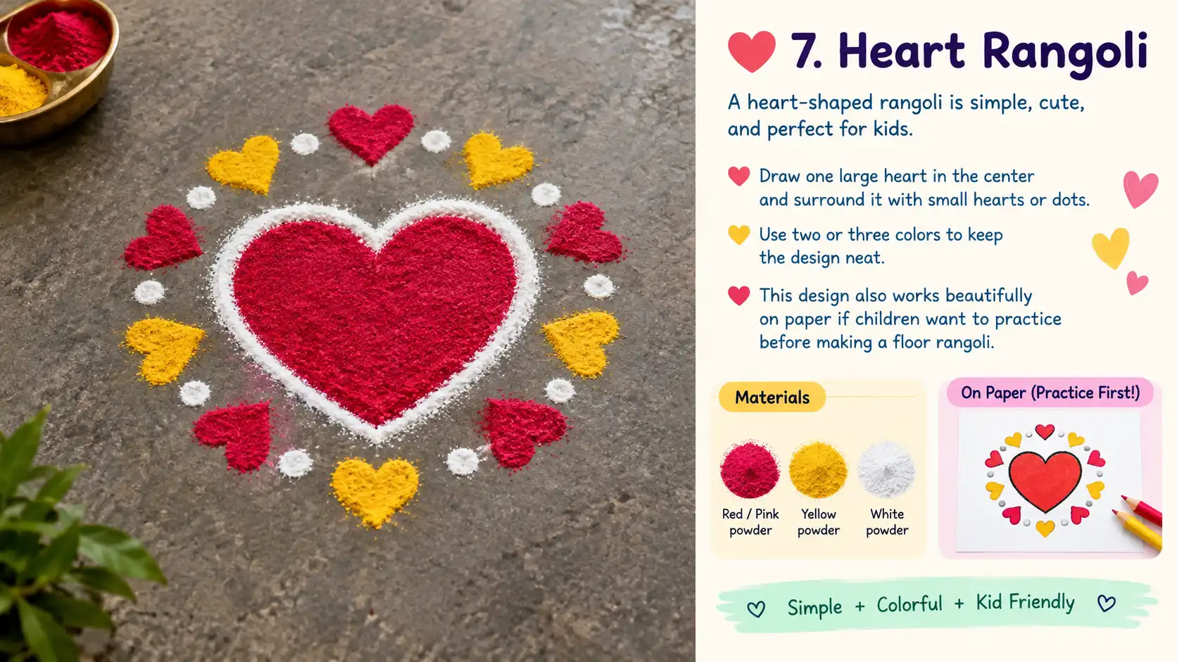 Colorful heart-shaped rangoli with small hearts and dots