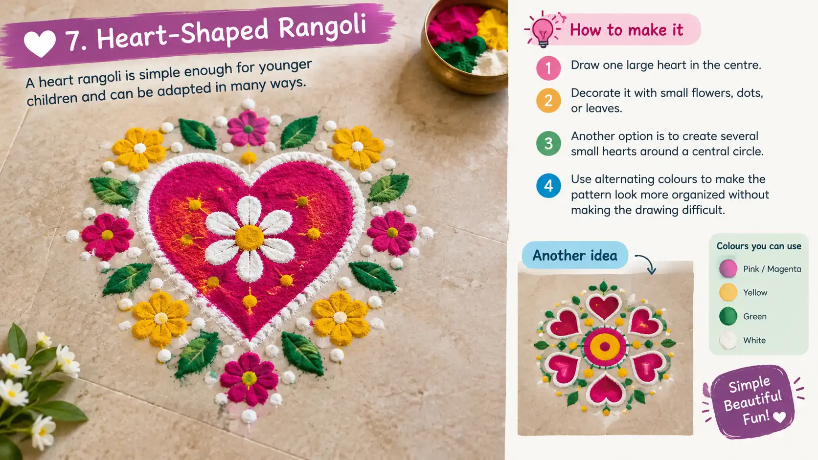 Colorful heart-shaped rangoli with flowers and leaves