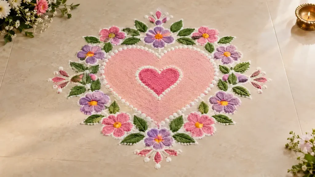 Heart-shaped floral rangoli in soft pastel pink and purple colors
