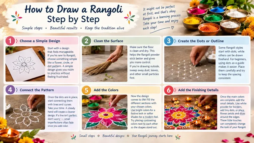 How to draw a Rangoli step by step using simple designs, dots, colors, and finishing details