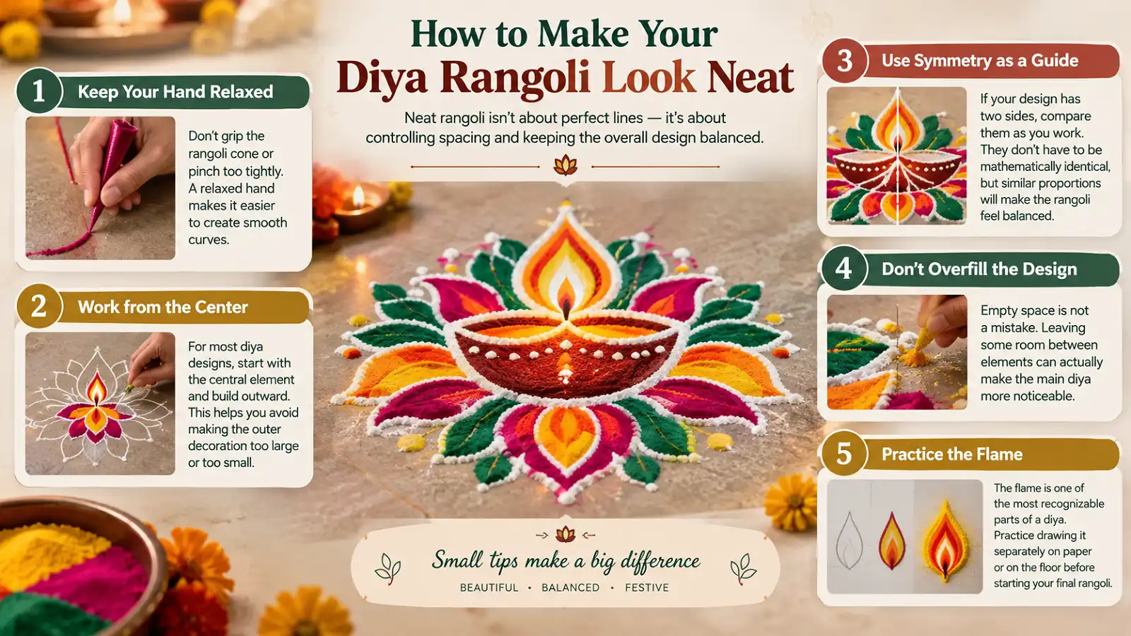 Neat diya rangoli showing five practical tips