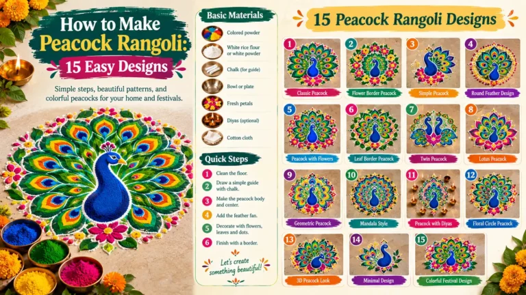 Peacock rangoli with 15 easy designs, materials, and simple steps