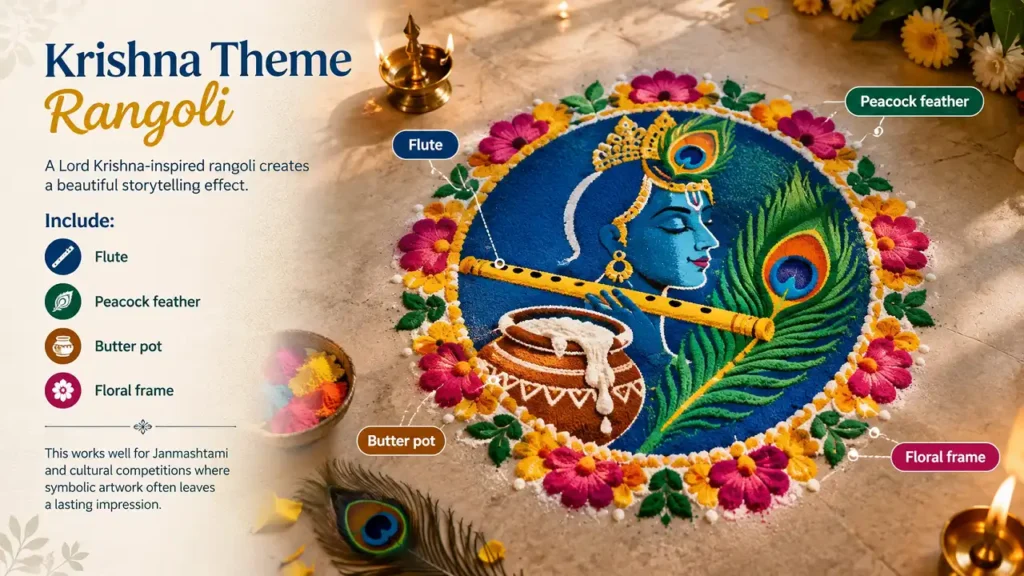 Krishna theme rangoli featuring flute, peacock feather, butter pot, and colorful floral frame