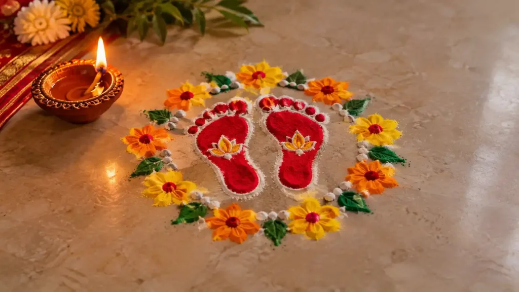 Festive rangoli with red Lakshmi footprints floral circle and diya