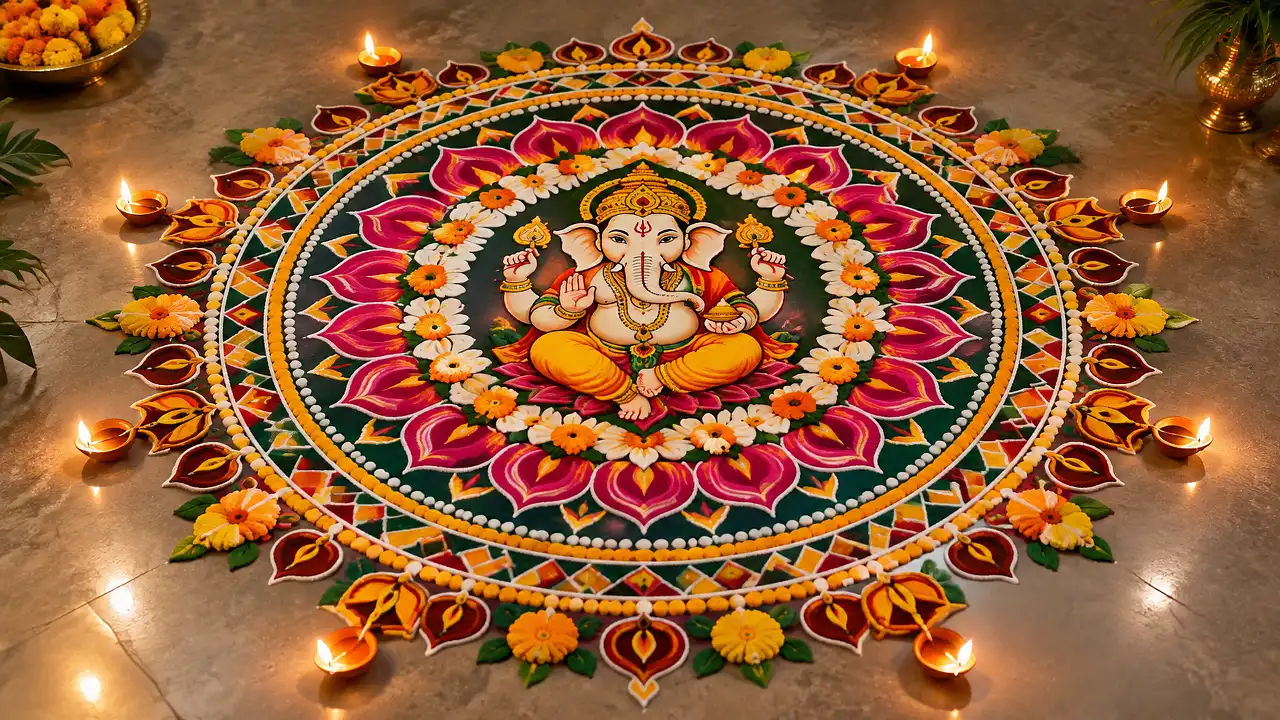 Large Ganesh rangoli with decorative mandala