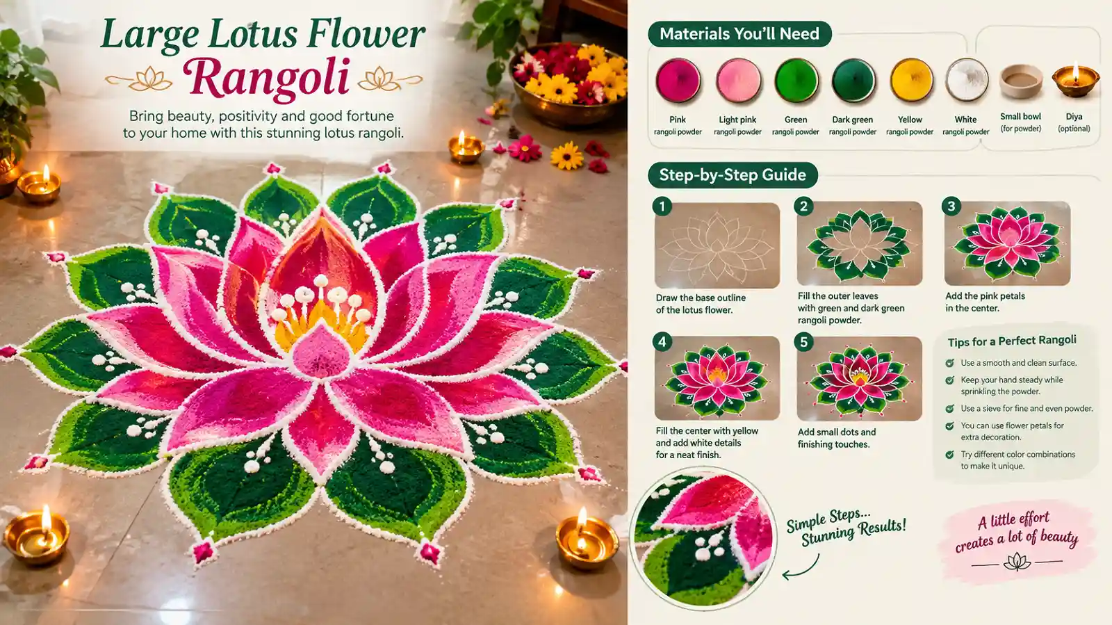 Large lotus flower rangoli design with colorful petals and diyas