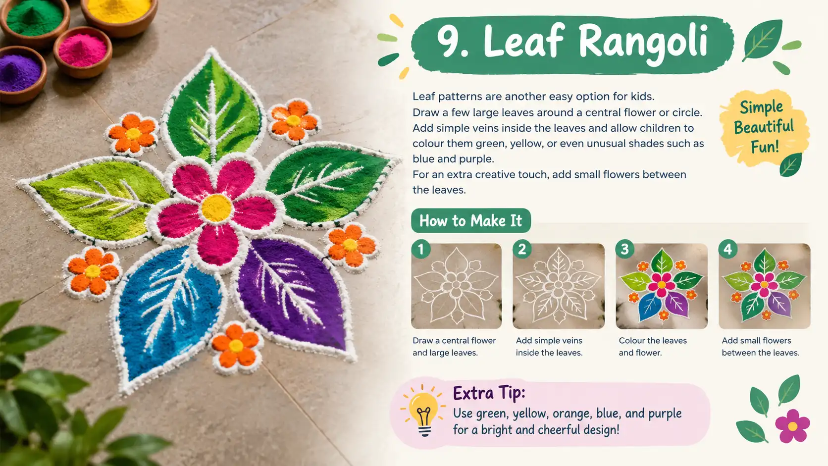 Colorful leaf rangoli with flowers