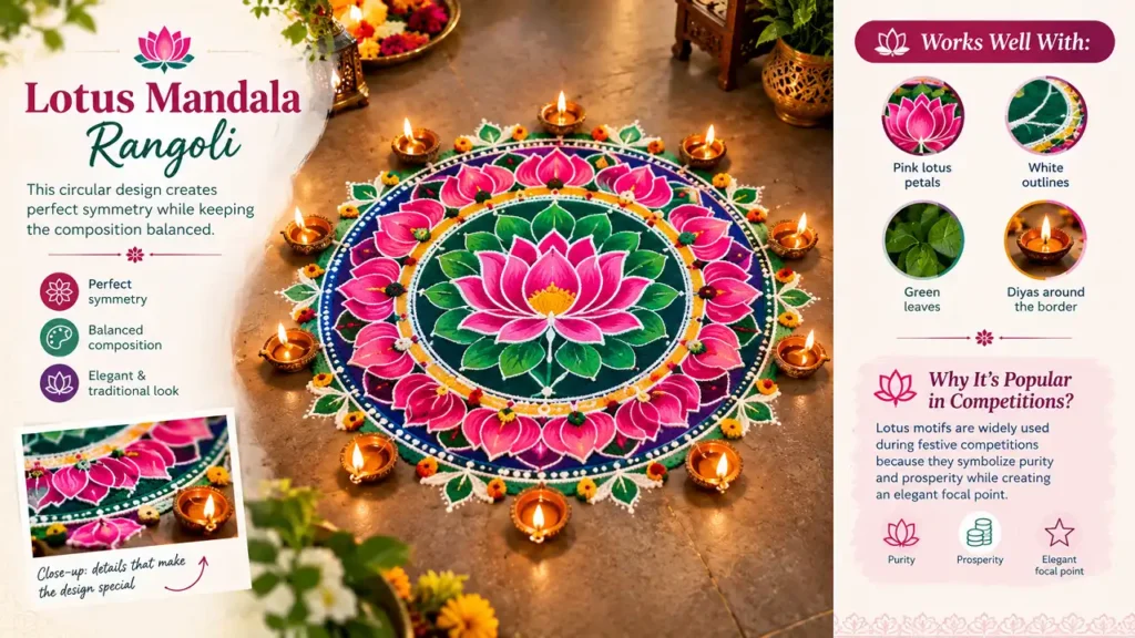 Colorful lotus mandala rangoli with pink petals, white outlines, green leaves, and diyas