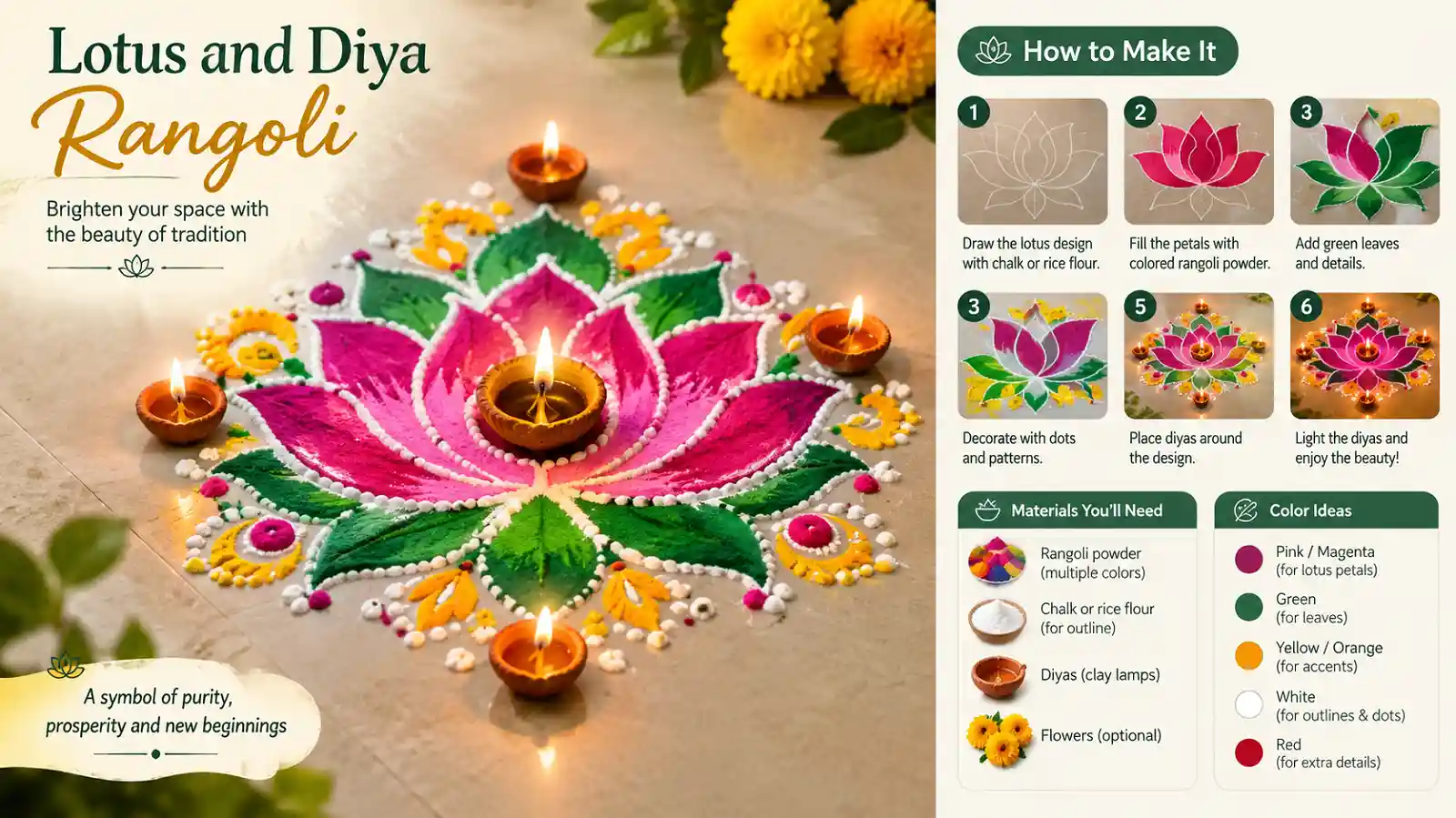 Lotus and diya rangoli design with colorful petals and glowing clay lamps
