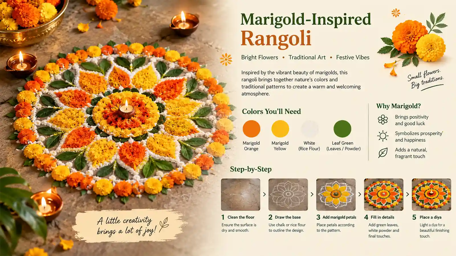 Marigold-inspired rangoli with orange and yellow flowers