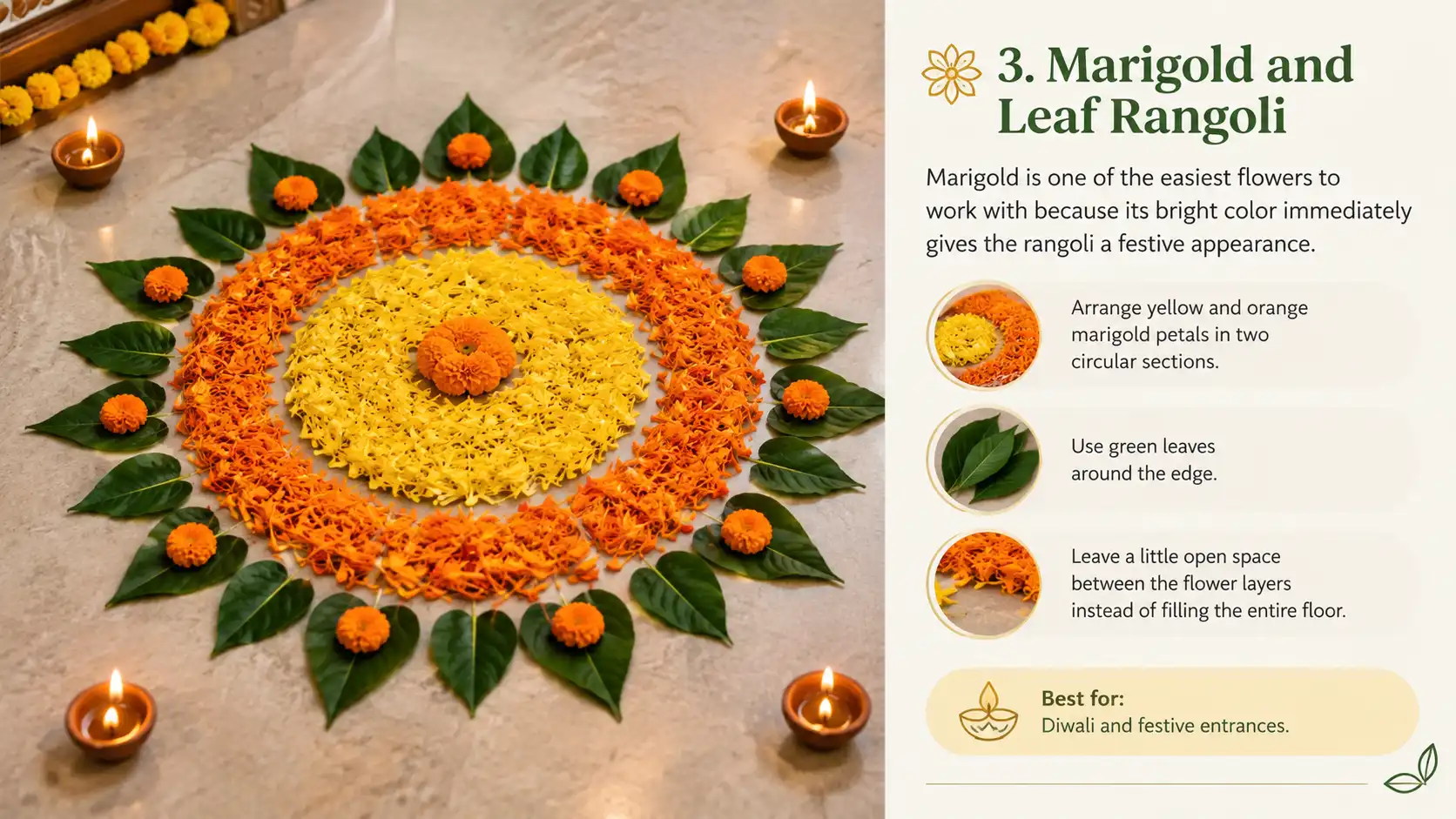 Yellow and orange marigold rangoli with green leaves