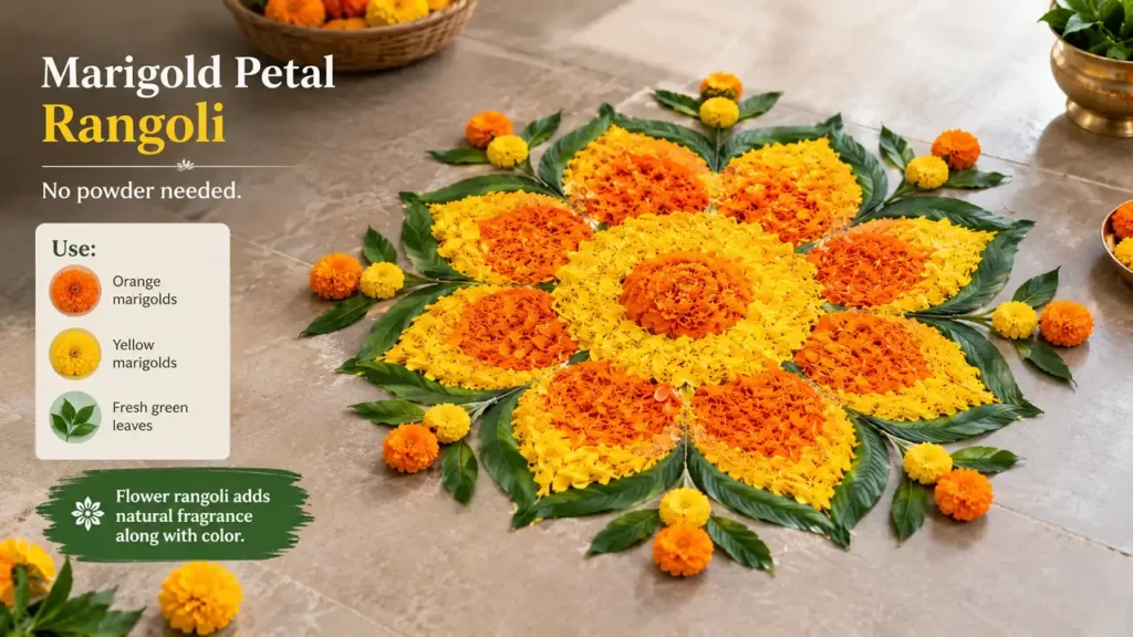 Orange and yellow marigold petal rangoli with fresh green leaves