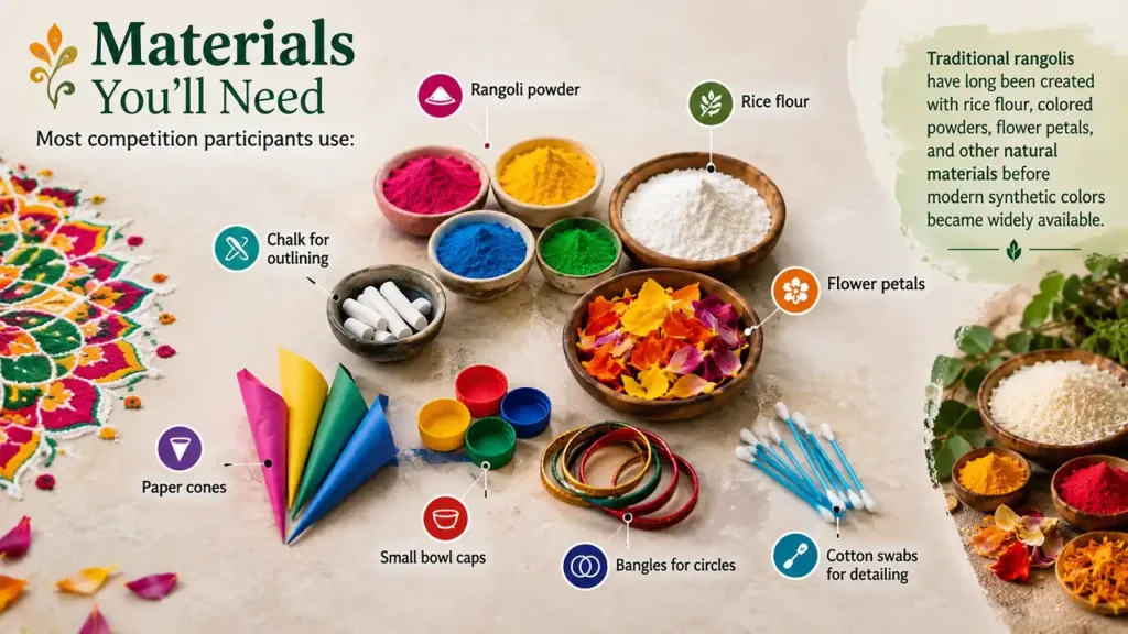 Rangoli materials including rangoli powder, rice flour, chalk, flower petals, paper cones, bowl caps, bangles, and cotton swabs
