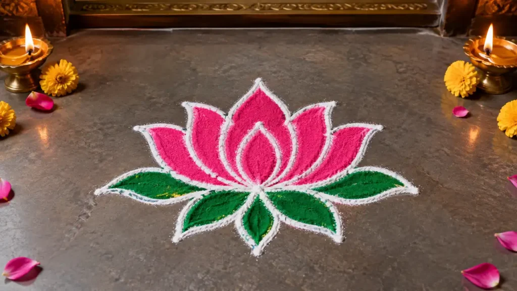 Mini lotus rangoli with pink petals, green leaves and white outlines