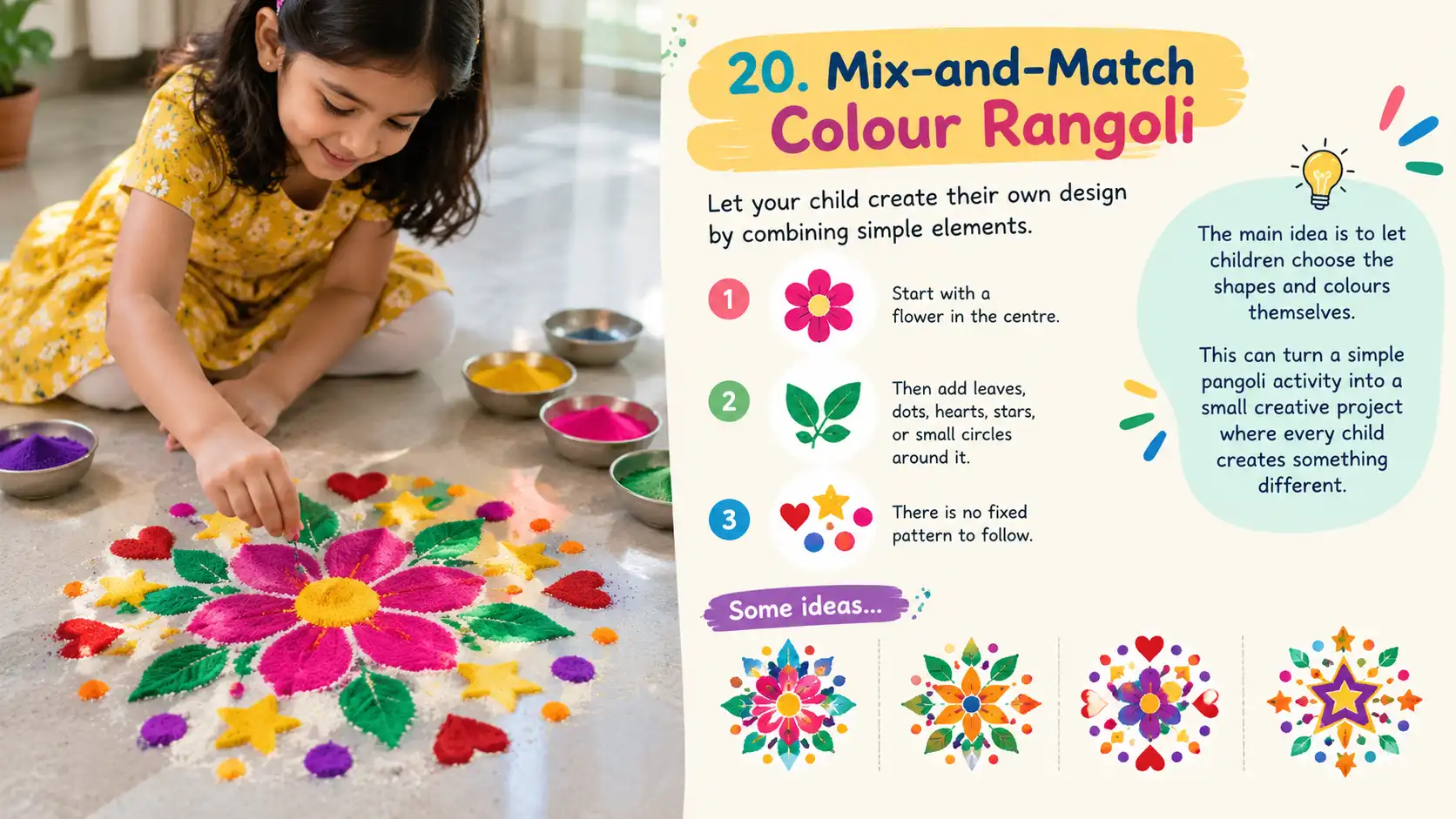 Child creating a colourful flower rangoli