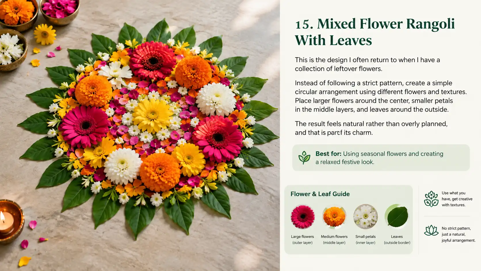 Colorful flower rangoli surrounded by green leaves