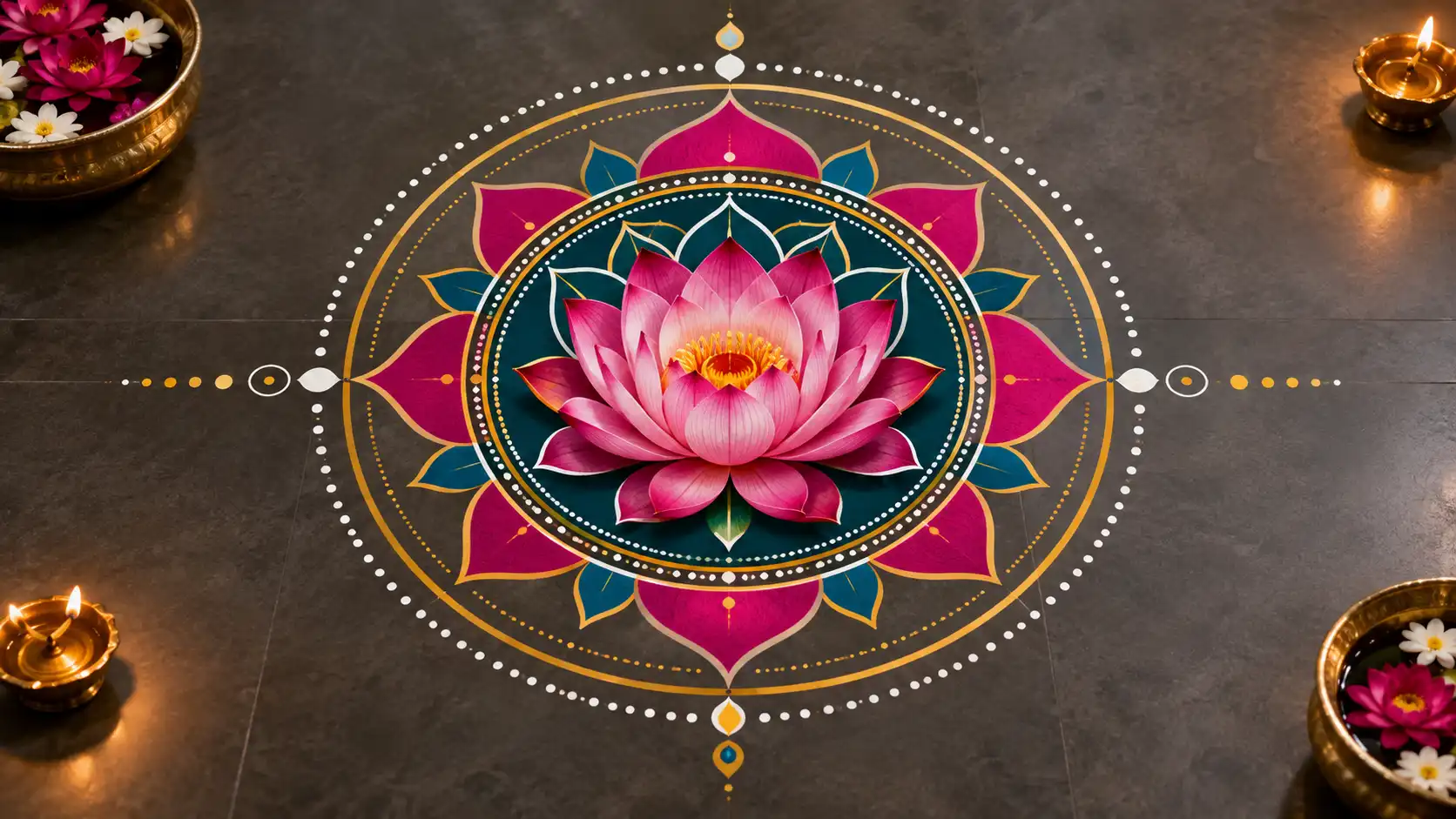 Modern lotus and mandala fusion rangoli with pink petals, teal geometric rings, golden accents, dotted patterns, and glowing diyas.