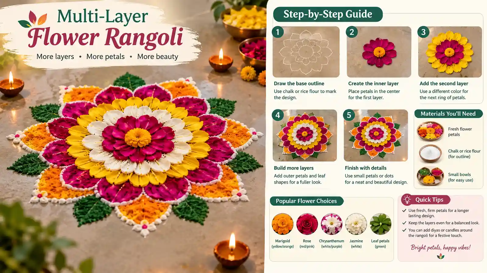 Colorful multi-layer flower rangoli with marigold and rose petals