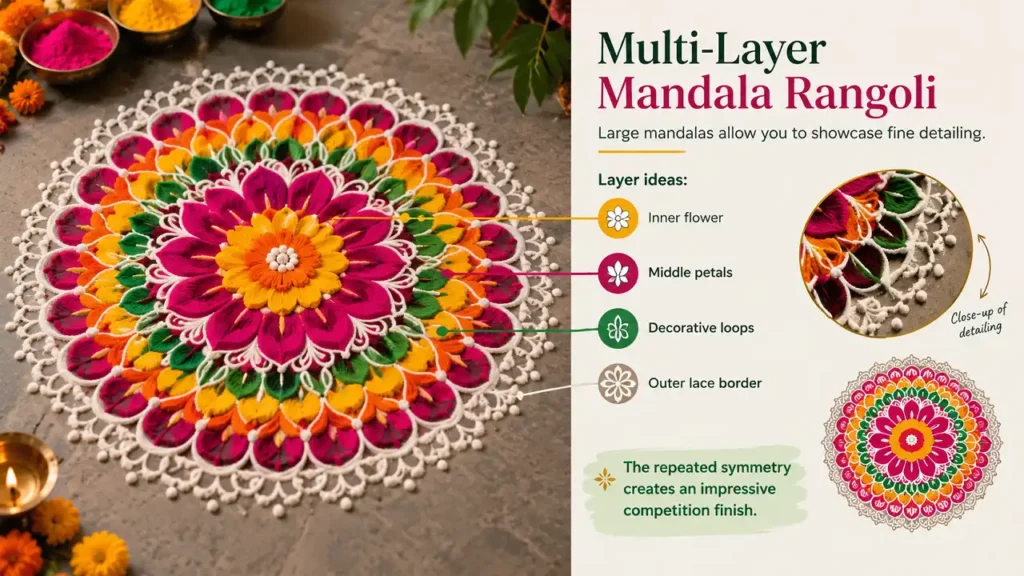 Colorful multi-layer mandala rangoli with intricate lace border and symmetrical patterns