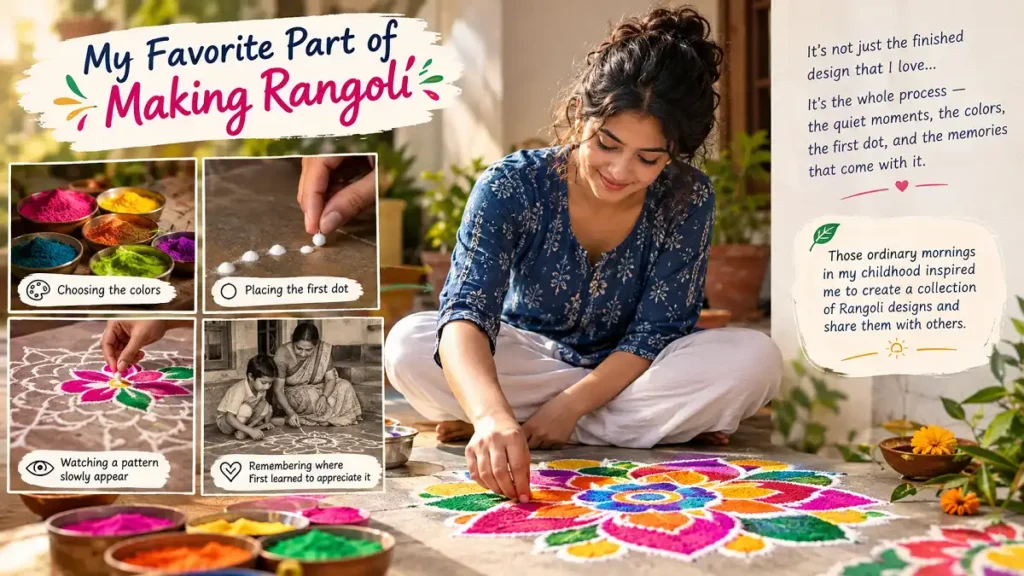 Woman creating colorful rangoli while remembering childhood family traditions