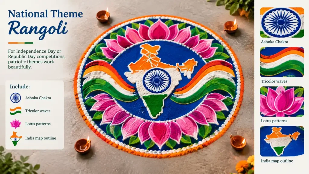 National theme rangoli with Ashoka Chakra, tricolor waves, lotus patterns, and India map