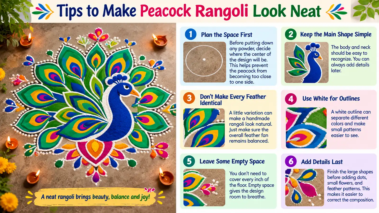 Tips for creating a neat peacock rangoli