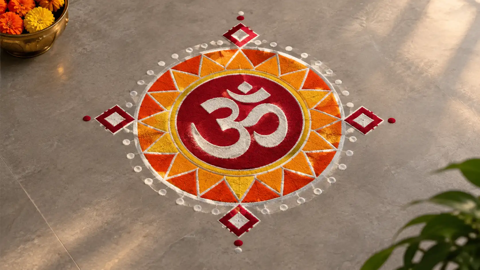 Geometric Om rangoli with red, orange, yellow, and white patterns.
