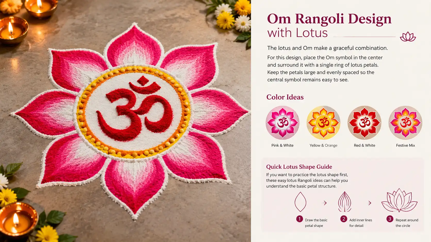 Pink lotus rangoli with Om symbol at center