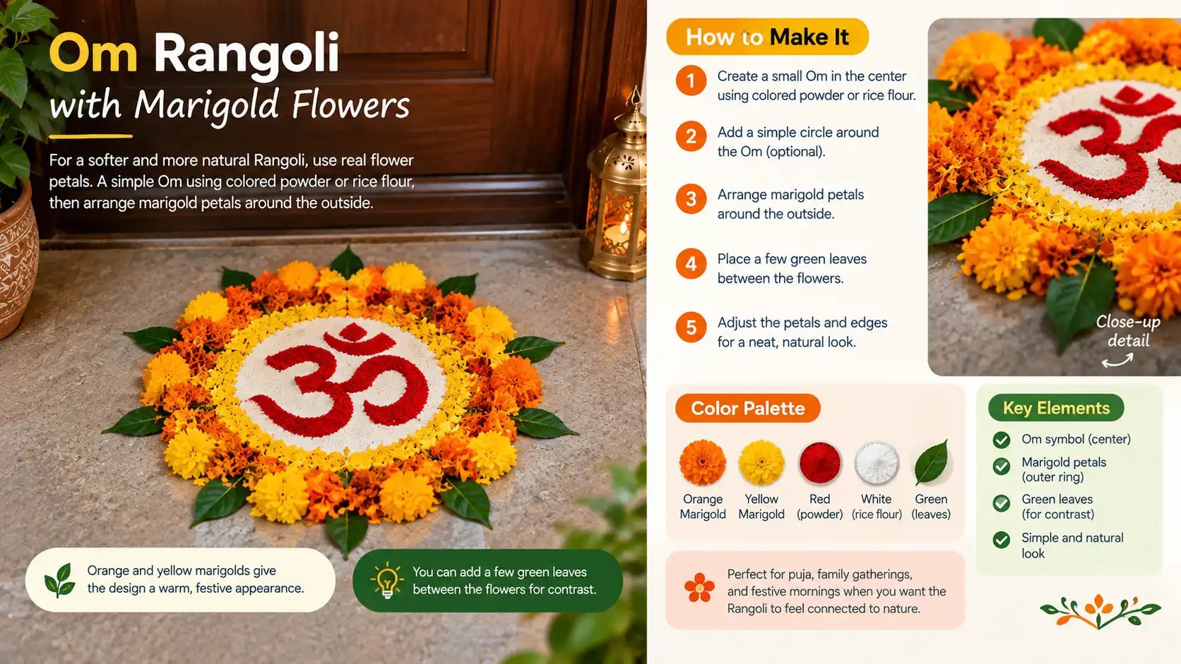 Om Rangoli with orange and yellow marigolds