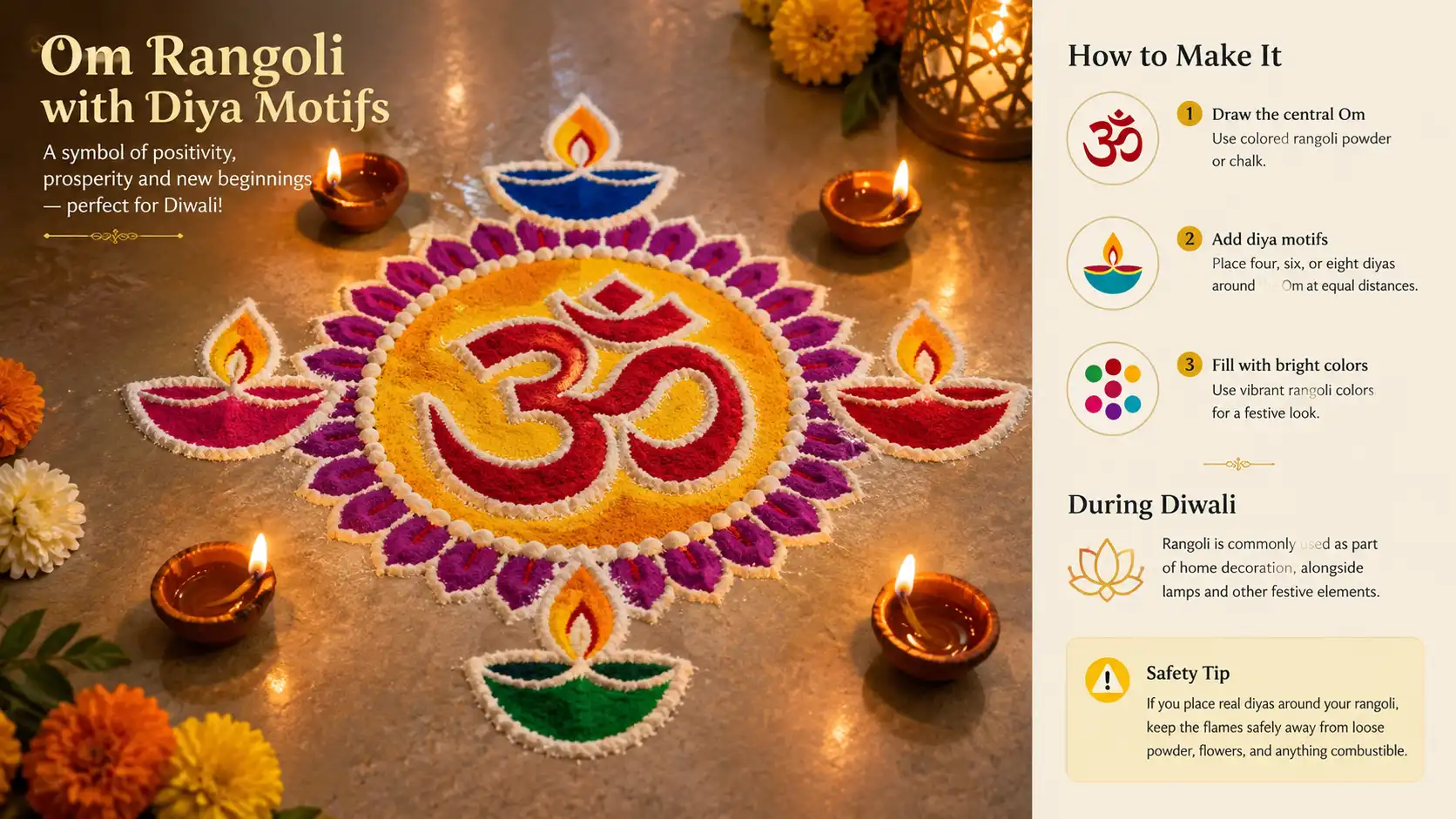 Colorful Om rangoli surrounded by diya motifs and lamps for Diwali.