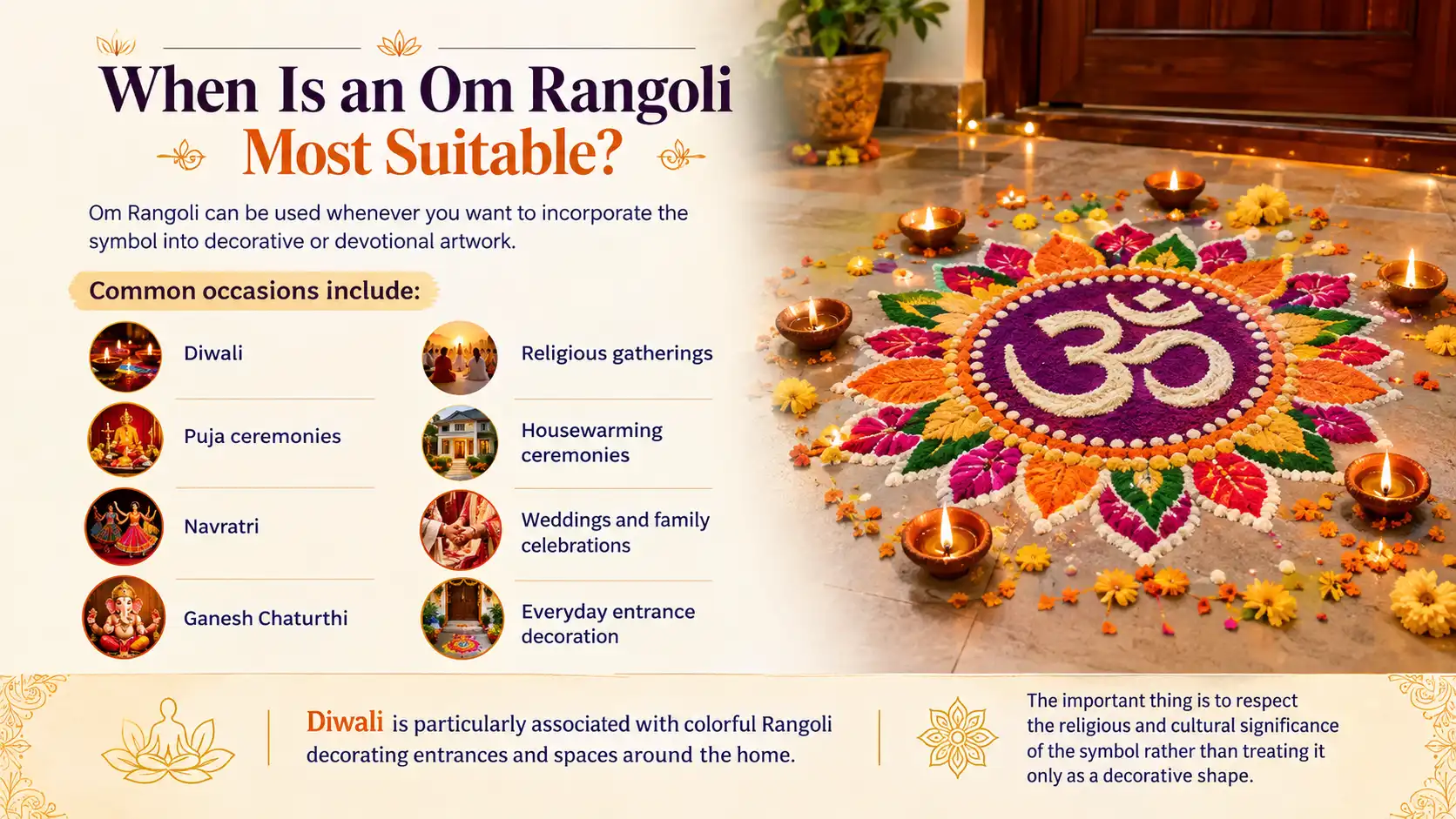 Om Rangoli decorated with flowers and diyas for festive and religious occasions.
