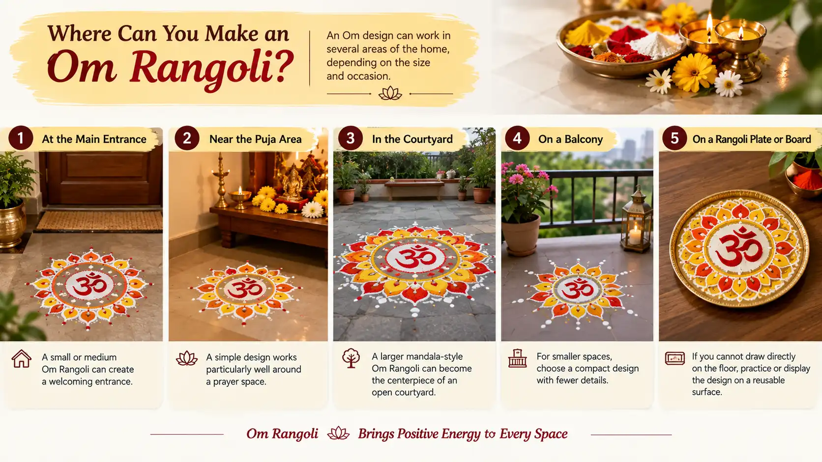 Om Rangoli ideas for five home spaces