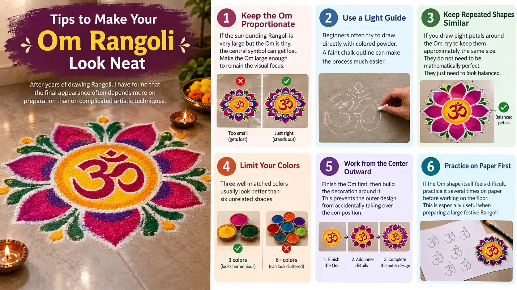 Colorful Om rangoli with six tips for creating a neat design.