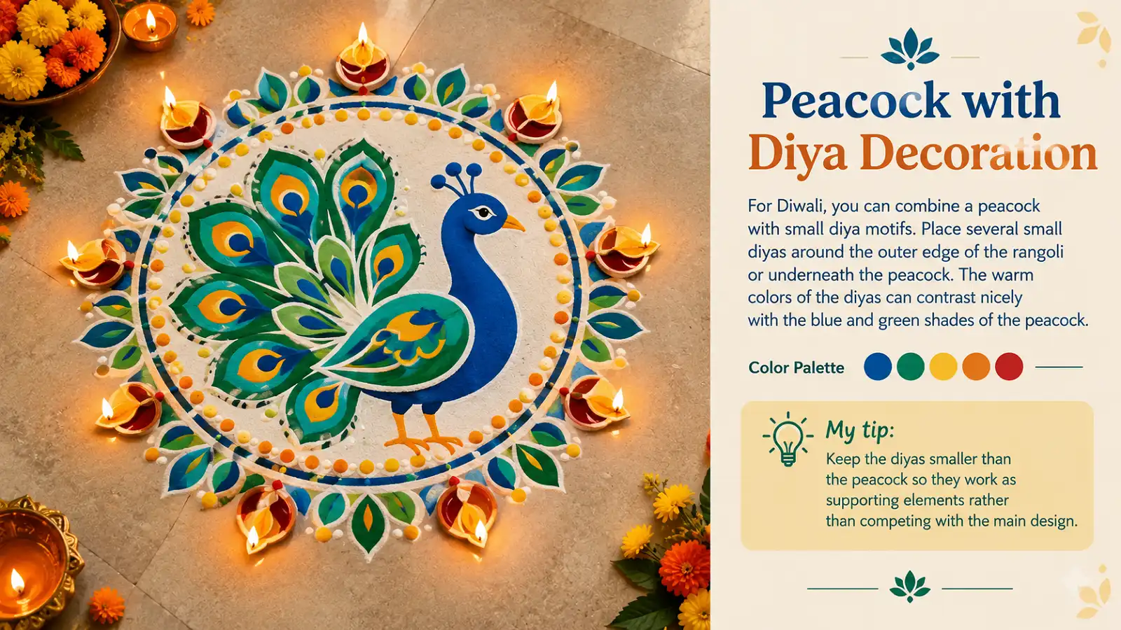 Peacock rangoli decorated with small glowing diyas