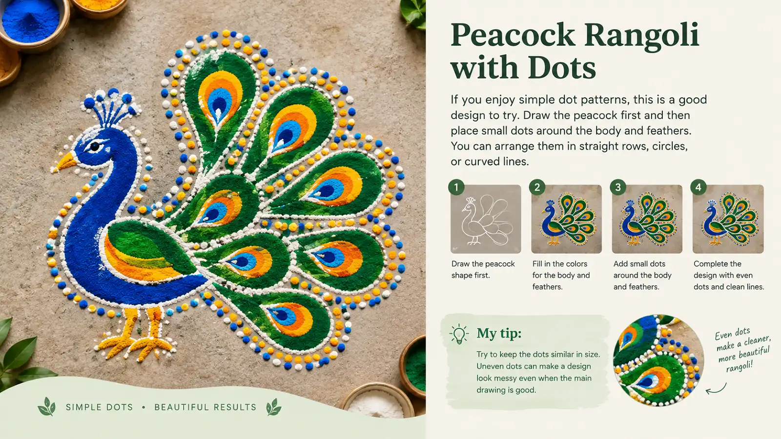Peacock rangoli decorated with colorful evenly sized dots